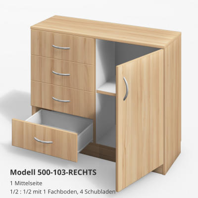 1 Mittelseite1/2 : 1/2 mit 1 Fachboden, 4 Schubladen Modell 500-103-RECHTS
