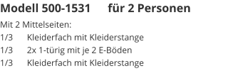 Modell 500-1531 	für 2 Personen Mit 2 Mittelseiten:1/3	Kleiderfach mit Kleiderstange1/3	2x 1-türig mit je 2 E-Böden1/3	Kleiderfach mit Kleiderstange