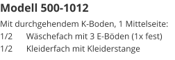 Modell 500-1012 Mit durchgehendem K-Boden, 1 Mittelseite:1/2	Wäschefach mit 3 E-Böden (1x fest)1/2	Kleiderfach mit Kleiderstange