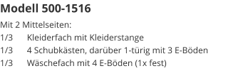 Modell 500-1516 Mit 2 Mittelseiten:1/3	Kleiderfach mit Kleiderstange1/3	4 Schubkästen, darüber 1-türig mit 3 E-Böden1/3	Wäschefach mit 4 E-Böden (1x fest)