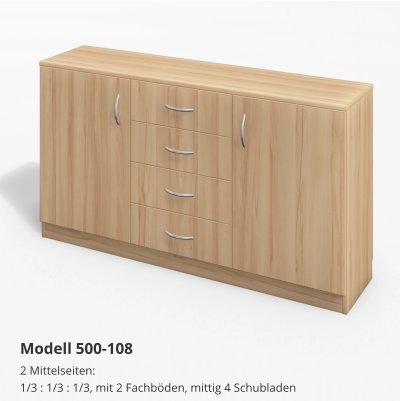2 Mittelseiten:1/3 : 1/3 : 1/3, mit 2 Fachböden, mittig 4 Schubladen Modell 500-108