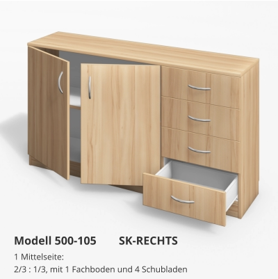1 Mittelseite:2/3 : 1/3, mit 1 Fachboden und 4 Schubladen Modell 500-105	SK-RECHTS