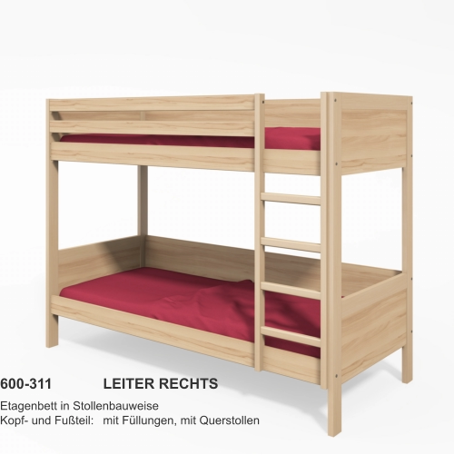 600-311		LEITER RECHTS Etagenbett in StollenbauweiseKopf- und Fußteil:	mit Füllungen, mit Querstollen