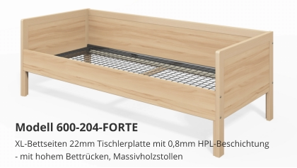 XL-Bettseiten 22mm Tischlerplatte mit 0,8mm HPL-Beschichtung- mit hohem Bettrücken, Massivholzstollen Modell 600-204-FORTE