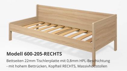 Bettseiten 22mm Tischlerplatte mit 0,8mm HPL-Beschichtung- mit hohem Bettrücken, Kopfteil RECHTS, Massivholzstollen Modell 600-205-RECHTS