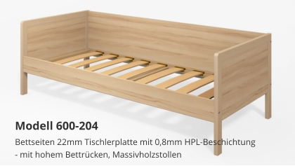 Bettseiten 22mm Tischlerplatte mit 0,8mm HPL-Beschichtung- mit hohem Bettrücken, Massivholzstollen Modell 600-204