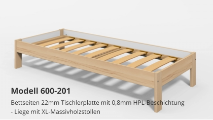 Bettseiten 22mm Tischlerplatte mit 0,8mm HPL-Beschichtung- Liege mit XL-Massivholzstollen Modell 600-201
