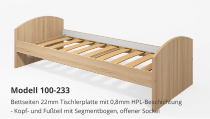 Bettseiten 22mm Tischlerplatte mit 0,8mm HPL-Beschichtung- Kopf- und Fußteil mit Segmentbogen, offener Sockel Modell 100-233