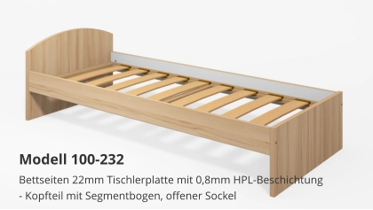 Bettseiten 22mm Tischlerplatte mit 0,8mm HPL-Beschichtung- Kopfteil mit Segmentbogen, offener Sockel Modell 100-232