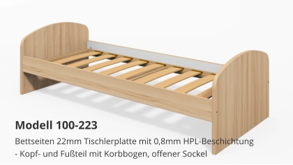 Bettseiten 22mm Tischlerplatte mit 0,8mm HPL-Beschichtung- Kopf- und Fußteil mit Korbbogen, offener Sockel Modell 100-223