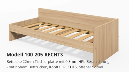 Bettseite 22mm Tischlerplatte mit 0,8mm HPL-Beschichtung- mit hohem Bettrücken, Kopfteil RECHTS, offener Sockel Modell 100-205-RECHTS