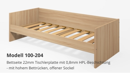 Bettseite 22mm Tischlerplatte mit 0,8mm HPL-Beschichtung- mit hohem Bettrücken, offener Sockel Modell 100-204