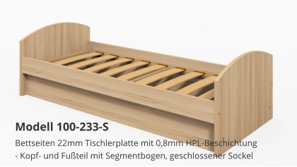 Bettseiten 22mm Tischlerplatte mit 0,8mm HPL-Beschichtung- Kopf- und Fußteil mit Segmentbogen, geschlossener Sockel Modell 100-233-S