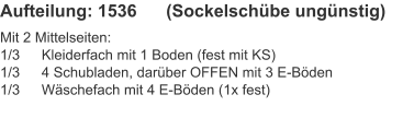 Aufteilung: 1536	(Sockelschübe ungünstig)  Mit 2 Mittelseiten:1/3	Kleiderfach mit 1 Boden (fest mit KS)1/3	4 Schubladen, darüber OFFEN mit 3 E-Böden1/3	Wäschefach mit 4 E-Böden (1x fest)