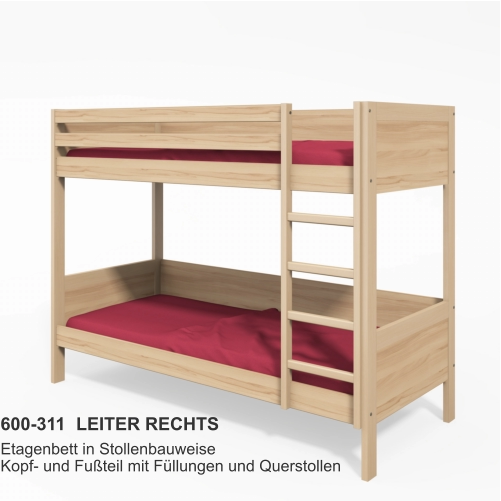600-311	LEITER RECHTS Etagenbett in StollenbauweiseKopf- und Fußteil mit Füllungen und Querstollen