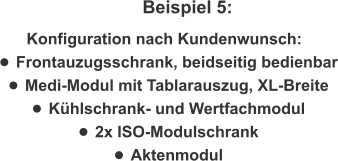 Beispiel 5: Konfiguration nach Kundenwunsch:  •	Frontauzugsschrank, beidseitig bedienbar •	Medi-Modul mit Tablarauszug, XL-Breite •	Kühlschrank- und Wertfachmodul •	2x ISO-Modulschrank •	Aktenmodul