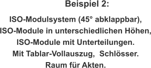 Beispiel 2: ISO-Modulsystem (45° abklappbar),  ISO-Module in unterschiedlichen Höhen, ISO-Module mit Unterteilungen. Mit Tablar-Vollauszug,  Schlösser.  Raum für Akten.