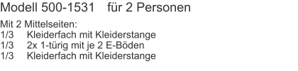 Modell 500-1531 	für 2 Personen Mit 2 Mittelseiten:1/3	Kleiderfach mit Kleiderstange1/3	2x 1-türig mit je 2 E-Böden1/3	Kleiderfach mit Kleiderstange