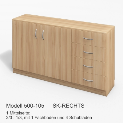 1 Mittelseite:2/3 : 1/3, mit 1 Fachboden und 4 Schubladen Modell 500-105	SK-RECHTS