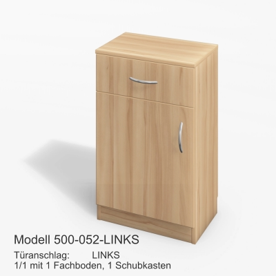 Türanschlag:	LINKS1/1 mit 1 Fachboden, 1 Schubkasten Modell 500-052-LINKS