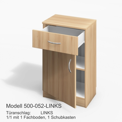Türanschlag:	LINKS1/1 mit 1 Fachboden, 1 Schubkasten Modell 500-052-LINKS