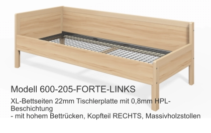 XL-Bettseiten 22mm Tischlerplatte mit 0,8mm HPL-Beschichtung- mit hohem Bettrücken, Kopfteil RECHTS, Massivholzstollen Modell 600-205-FORTE-LINKS