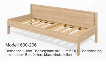 Bettseiten 22mm Tischlerplatte mit 0,8mm HPL-Beschichtung- mit hohem Bettrücken, Massivholzstollen Modell 600-206