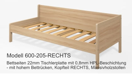 Bettseiten 22mm Tischlerplatte mit 0,8mm HPL-Beschichtung- mit hohem Bettrücken, Kopfteil RECHTS, Massivholzstollen Modell 600-205-RECHTS