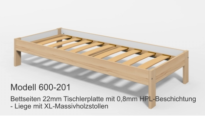 Bettseiten 22mm Tischlerplatte mit 0,8mm HPL-Beschichtung- Liege mit XL-Massivholzstollen Modell 600-201