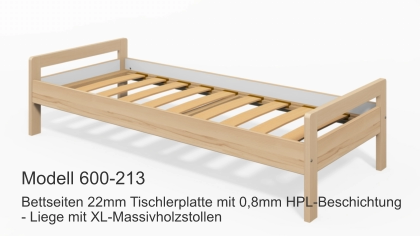 Bettseiten 22mm Tischlerplatte mit 0,8mm HPL-Beschichtung- Liege mit XL-Massivholzstollen Modell 600-213
