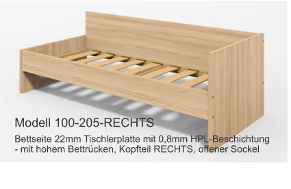 Bettseite 22mm Tischlerplatte mit 0,8mm HPL-Beschichtung- mit hohem Bettrücken, Kopfteil RECHTS, offener Sockel Modell 100-205-RECHTS