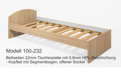 Bettseiten 22mm Tischlerplatte mit 0,8mm HPL-Beschichtung- Kopfteil mit Segmentbogen, offener Sockel Modell 100-232