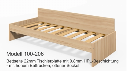 Bettseite 22mm Tischlerplatte mit 0,8mm HPL-Beschichtung- mit hohem Bettrücken, offener Sockel Modell 100-206