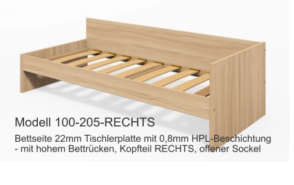 Bettseite 22mm Tischlerplatte mit 0,8mm HPL-Beschichtung- mit hohem Bettrücken, Kopfteil RECHTS, offener Sockel Modell 100-205-RECHTS