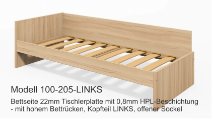 Bettseite 22mm Tischlerplatte mit 0,8mm HPL-Beschichtung- mit hohem Bettrücken, Kopfteil LINKS, offener Sockel Modell 100-205-LINKS