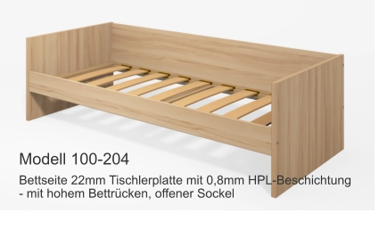 Bettseite 22mm Tischlerplatte mit 0,8mm HPL-Beschichtung- mit hohem Bettrücken, offener Sockel Modell 100-204