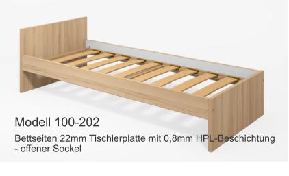 Bettseiten 22mm Tischlerplatte mit 0,8mm HPL-Beschichtung- offener Sockel Modell 100-202