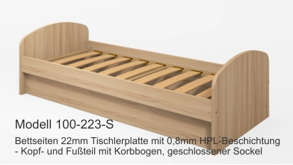 Bettseiten 22mm Tischlerplatte mit 0,8mm HPL-Beschichtung- Kopf- und Fußteil mit Korbbogen, geschlossener Sockel Modell 100-223-S
