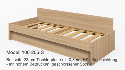 Bettseite 22mm Tischlerplatte mit 0,8mm HPL-Beschichtung- mit hohem Bettrücken, geschlossener Sockel Modell 100-206-S