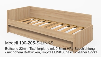 Bettseite 22mm Tischlerplatte mit 0,8mm HPL-Beschichtung- mit hohem Bettrücken, Kopfteil LINKS, geschlossener Sockel Modell 100-205-S-LINKS