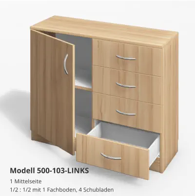 1 Mittelseite1/2 : 1/2 mit 1 Fachboden, 4 Schubladen Modell 500-103-LINKS