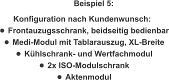 Beispiel 5: Konfiguration nach Kundenwunsch:  •	Frontauzugsschrank, beidseitig bedienbar •	Medi-Modul mit Tablarauszug, XL-Breite •	Kühlschrank- und Wertfachmodul •	2x ISO-Modulschrank •	Aktenmodul