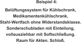 Beispiel 4: Belüftungssystem für Kühlschrank,  Medikamentenkühlschrank, Stahl-Wertfach ohne Widerstandsklasse. Sonderschubladen mit Einteilung,  vollausziehbar mit Softschließung.  Raum für Akten. Schloß.