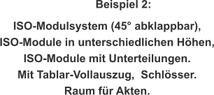 Beispiel 2: ISO-Modulsystem (45° abklappbar),  ISO-Module in unterschiedlichen Höhen, ISO-Module mit Unterteilungen. Mit Tablar-Vollauszug,  Schlösser.  Raum für Akten.