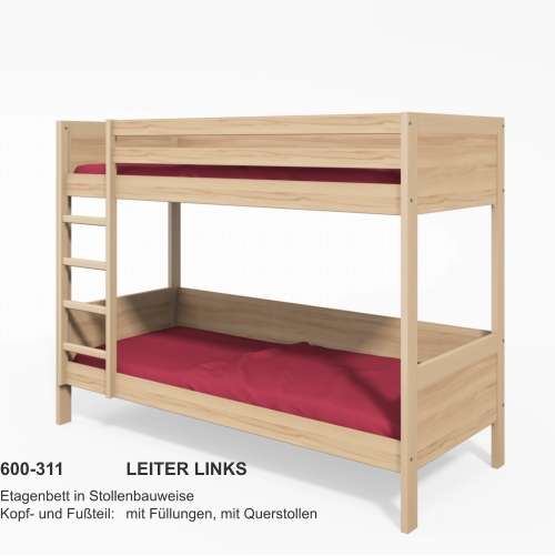 600-311		LEITER LINKS Etagenbett in StollenbauweiseKopf- und Fußteil:	mit Füllungen, mit Querstollen